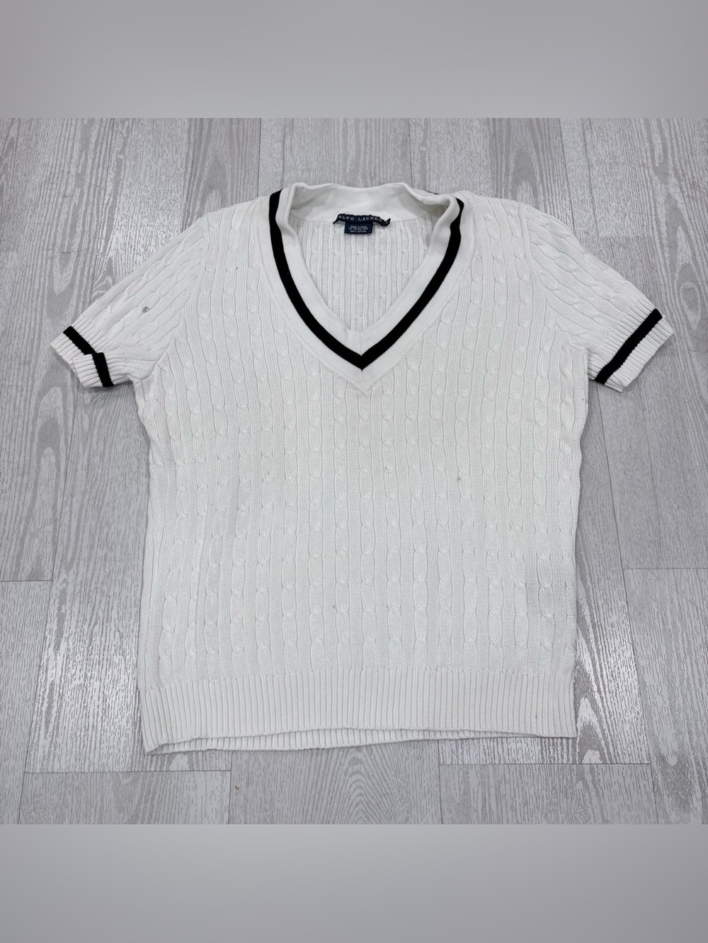 Ralph Lauren Women's Cable-Knit Short-Sleeve Cricket Sweater (White / Black) XL